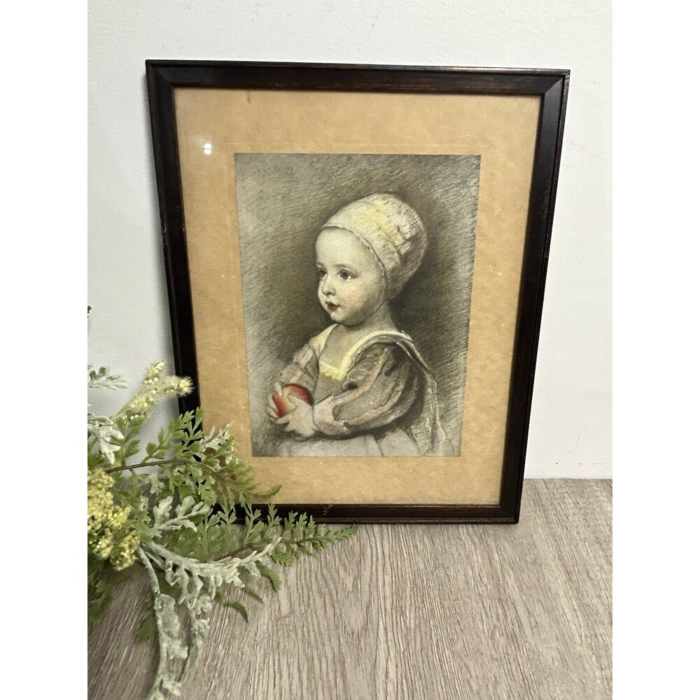 Vintage Framed Baby Stuart Portrait Print Van Dyck 9x12 Baby In Bonnet